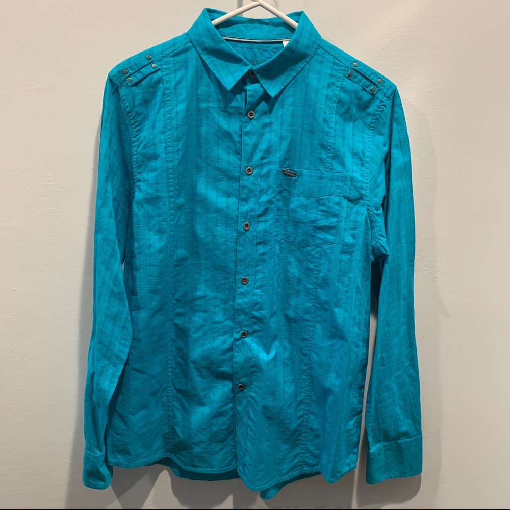 Guess Men's Casual Button Down Shirt Teal Size Large L Breast Pocket 100% Cotton